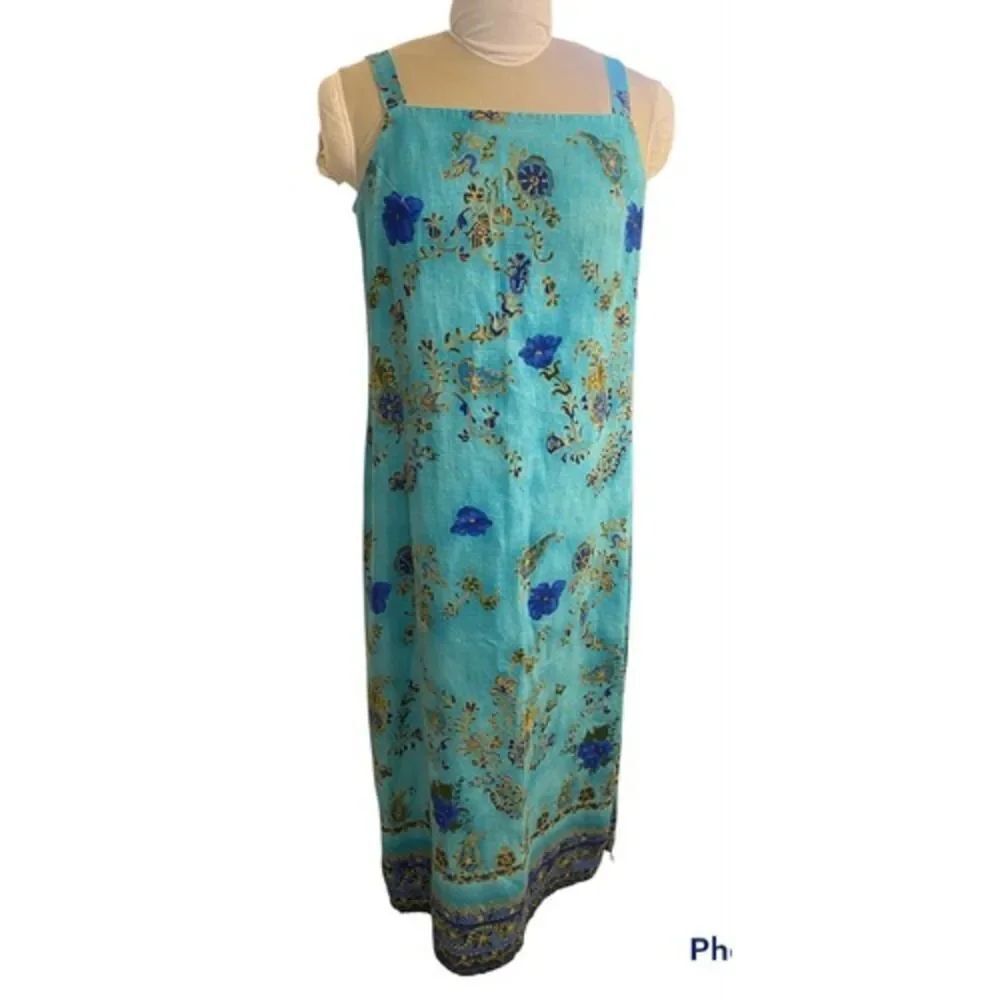 Studio Ease 100% Linen Maxi Dress Wide Straps Square Neckline Sz. 12